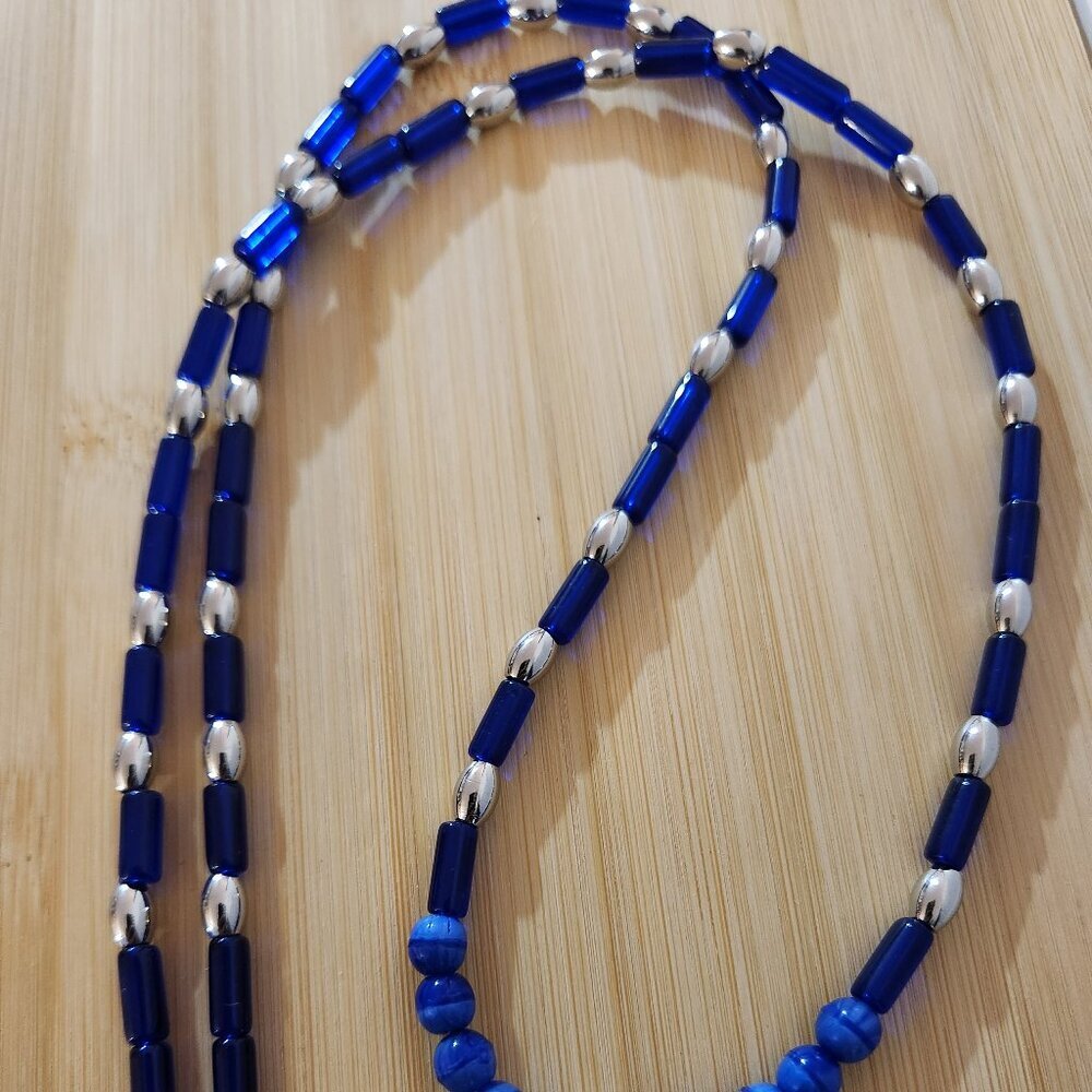 Hand Crafted Pendant Necklace Beaded Autism Charm Blue Silver Yellow 28.5" - Picture 3 of 5